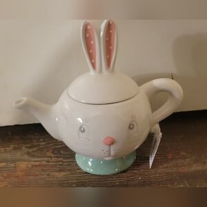 Johana Parker Bunny Teapot with Pink and Mint Accents NWT
